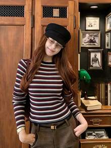 Women's American Retro Striped Contrast Color Knitted Long Sleeve T-Shirt, Crew Neck Inner Layer Base Top, Short Length, Autumn/Winter Fall - Red and White Stripes - View 7