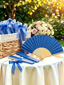 10pcs Folding Hand Fan With Sheer Drawstring Pouch, Blue Bow Decor,Portable Handheld Fan,Summer Party Wedding Gift,Costume Accessory,Travel Bag Charm - Multicolor - View 5