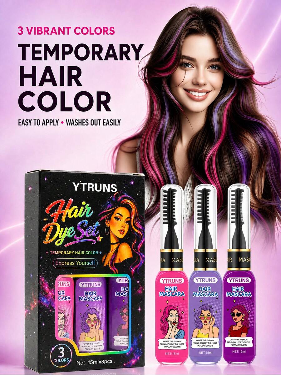 Ytruns Set Pewarna Rambut Sementara 3 Buah, Krim Pewarna Rambut yang Dapat Dicuci, Highlight dan Warna Instan, Formula Tidak Lengket yang Mudah Diaplikasikan, Warna Rambut Cerah dan Bersemangat, Cocok untuk Penataan Rambut Sendiri, Pesta, Festival, Cosplay, dan Penggunaan Sehari-hari - MultiWarna - View 1