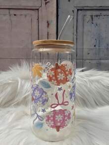 Colorful Pumpkin Bow Maple Leaf Can-Shaped Glass Straw Cup, Bamboo Sealed Lid With Glass Straw, Ins Home Cold Drink Coffee Large Capacity Water Cup - Multicolor - View 7