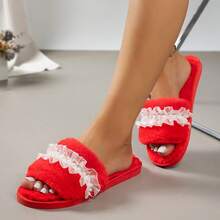 Women's Home Slippers Solid Color Fashion Fabric Lace Patchwork Pearl Strap Indoor Autumn/Winter One-Strap Cotton Slippers - Red - View 2