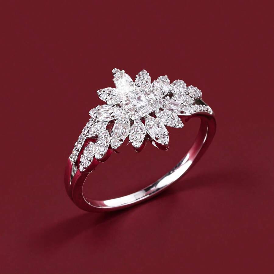 Women Elegant Flower Shaped Cubic Zirconia Decor Ring - Silver - View 1