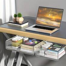 1pc Under Desk Storage Drawer, Self-Adhesive Pull-Out Hidden Office Desk Organizer, 9.5" Large Drawer And 7" Small Drawer, Durable PET Plastic Material, Suitable For Office, Home, Desk, Workspace Organization, Easy To Install Adhesive Storage Solution - Multicolor - View 1