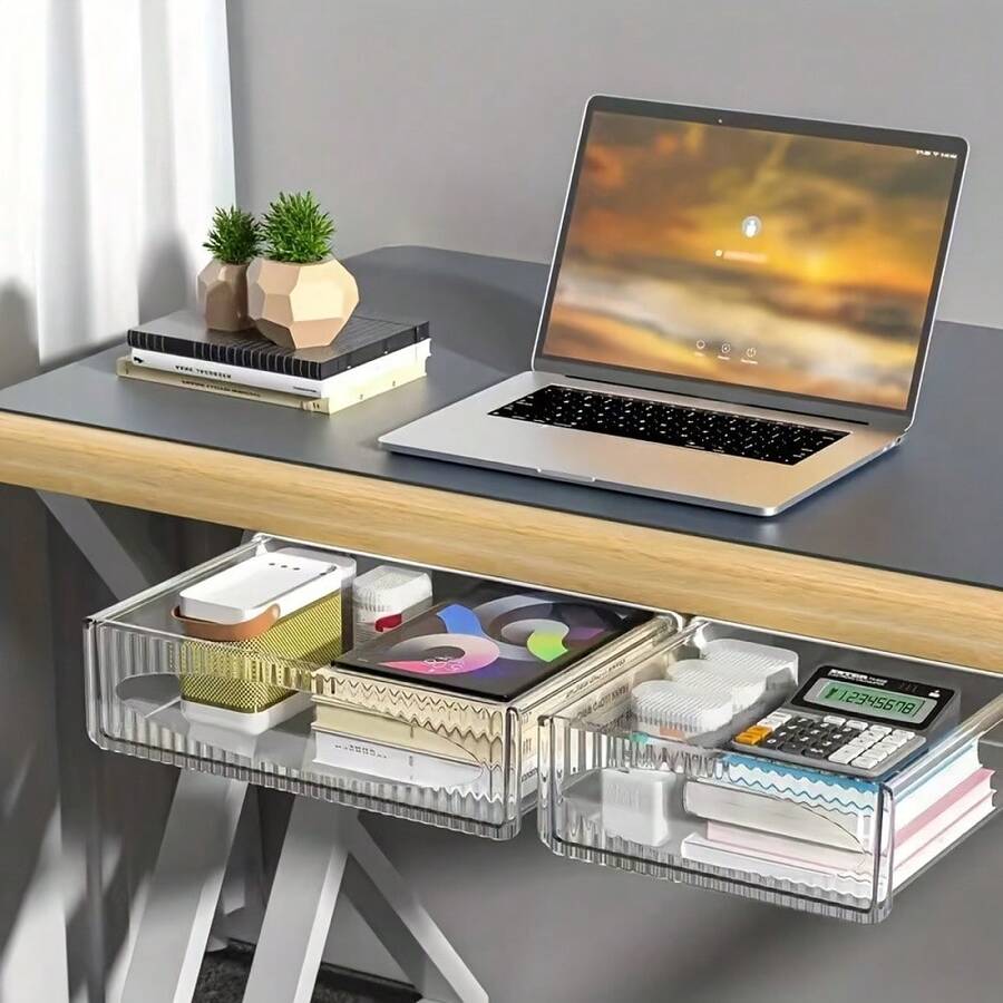 1pc Under Desk Storage Drawer, Self-Adhesive Pull-Out Hidden Office Desk Organizer, 9.5" Large Drawer And 7" Small Drawer, Durable PET Plastic Material, Suitable For Office, Home, Desk, Workspace Organization, Easy To Install Adhesive Storage Solution - Multicolor - View 1