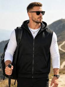 Men's Casual Vest, Solid Color Zipper Hooded Jacket, Lightweight Versatile Minimalist Vest, Spring/Summer Black - Black - View 2