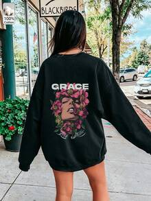 Oversized Women's Sweatshirt For Autumn/Winter, Casual Daily Wear, Long Sleeve Hoodie, Outerwear Top, Y2K, Letter Slogan Graphic, Unisex, Streetwear - Black - View 1
