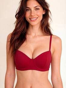 Bra Wanita Merah Tanpa Bantalan Nyaman, Push Up, Model Plunge, Tanpa Jahitan, Bagian Belakang Dapat Diubah, Pakaian Dalam Sehari-hari - Merah - View 5