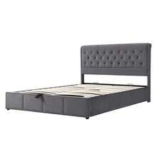 Upholstered Bed,King Size Bed,With Hydraulic Lever, Functional Storage Bed, Rivet Decoration, Without Mattress, Linen - Grey + Velvet + 180cm*200cm - View 7