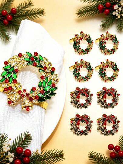 12 peças/8 peças/4 peças Conjunto de Anéis de Guardanapo de Guirlanda de Natal, Anéis de Guardanapo Florais, Decoração de Mesa de Natal, Decoração de Guardanapo de Mesa, Suporte de Guardanapo, Decoração de Mesa de Festa de Feriado, Fivela de Guardanapo, Conjunto de Presente de Natal