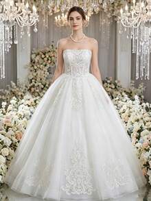 Elasola White Strapless Wedding Dress, Heavy Lace Sequin Mesh Full Skirt, Bridal Main Gown / Reception Dress, Veil Not Included Fall - White - View 1