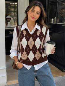 Women's Vintage Diamond Knit Vest Sleeveless V-Neck Pullover Sweater, Versatile For Autumn/Winter - Brown - View 2
