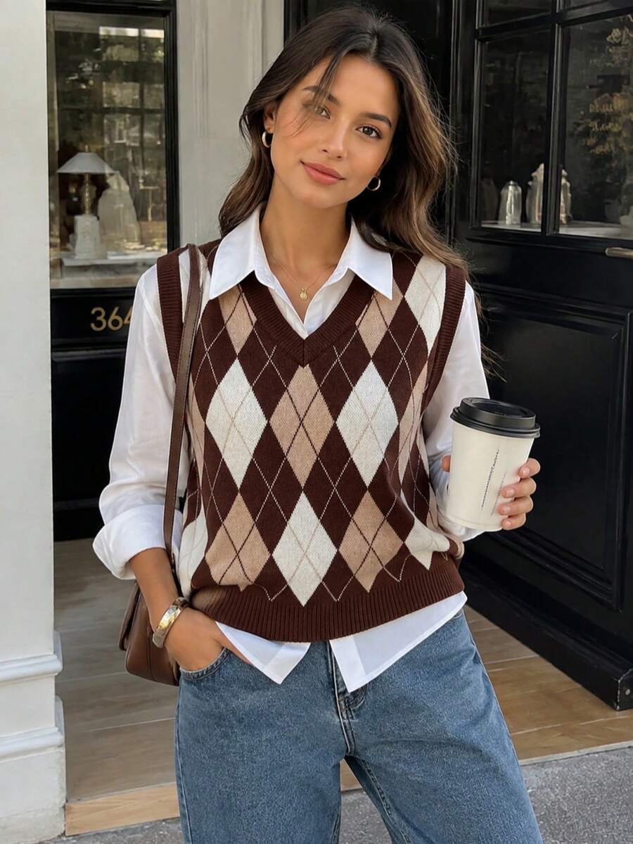 Women's Vintage Diamond Knit Vest Sleeveless V-Neck Pullover Sweater, Versatile For Autumn/Winter