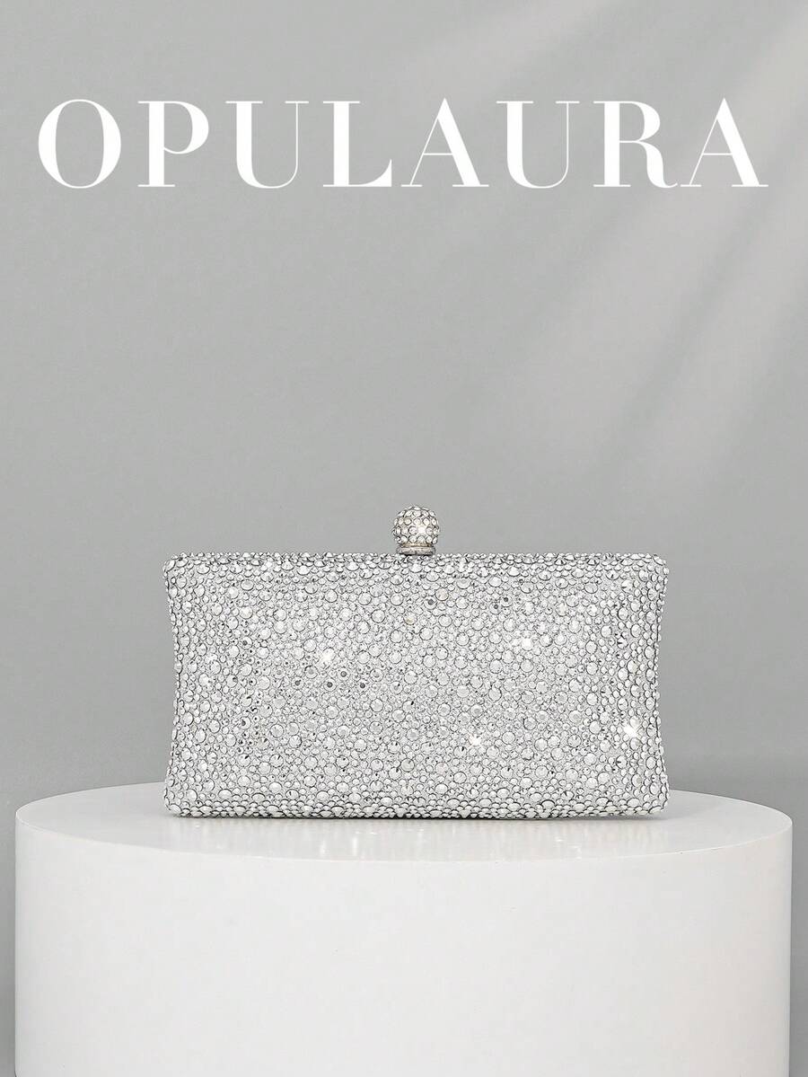 OpulAura 1件装银色女士新款闪亮钻石迷你盒形手拿包,精致迷人,适合派对、晚宴等场合,优雅大方,可用于浪漫婚礼、正式派对、返校舞会、生日聚会、时尚鸡尾酒会等,配有金属链。 - 銀色 - 查看 1
