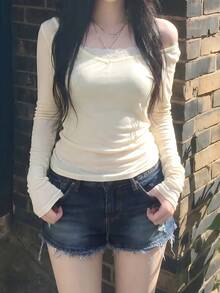 Korean Style Minimalist Versatile Semi-Sheer V-Neck Long Sleeve T-Shirt Top Casual - Cream - View 7