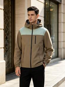 Plus Size Men's Colorblock Hooded Jacket, Spring/Autumn - Green - View 1