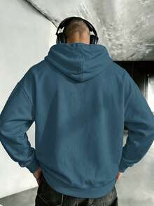 Autumn Winter Men's Cotton Loose Hooded Pocket Sweatshirt With Los Angeles California White Print, Casual Street Sporty Look - Peacock Blue - View 4