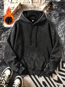 Sweatshirt berkerudung wanita untuk musim gugur/musim dingin, dengan efek usang dan dicuci, dilengkapi tali serut dan saku, longgar dan nyaman, kasual dan mudah dipadukan. - Hitam - View 1