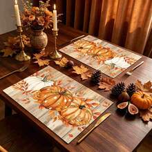 1/4/6pcs Autumn Series Wooden Pumpkin Pattern Printed Placemats, Heat Resistant Table Mats For Home Kitchen/Dining Table Protection, Party Scene Decor - Multicolor - View 4