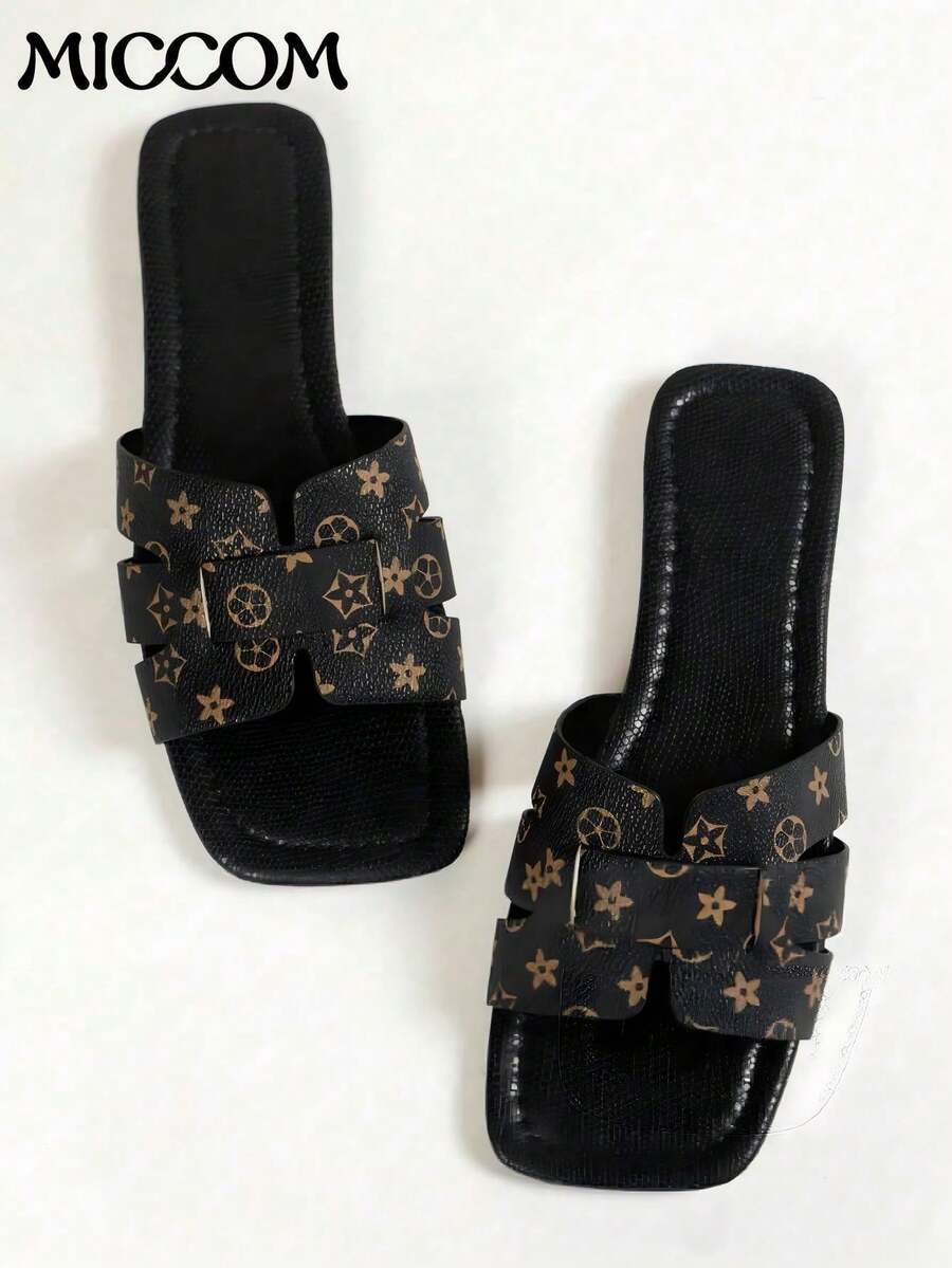 MICCOM Sandalias planas de punta cuadrada para mujer, sandalias versátiles para dama para primavera y verano - Negro - Ver 1