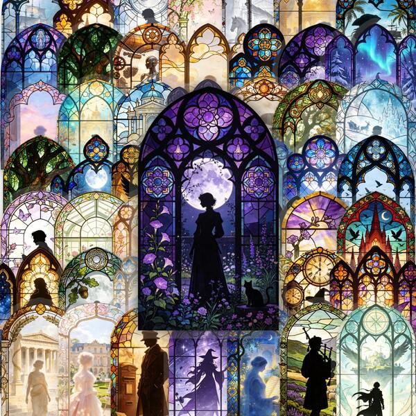 50 pièces Autocollants imperméables de style européen avec silhouette de fenêtre colorée, figures fantastiques rétro, autocollants décoratifs transparents DIY, autocollants personnalisés, autocollants mignons pour Halloween, Noël, fournitures de scrapbooking, papier