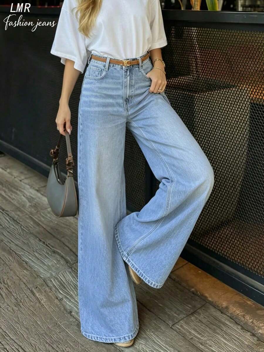 Women's Casual Versatile Denim Loose Wide Leg Pants With Pockets Fall