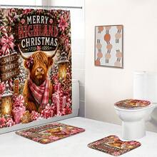 1pc/4pcs Christmas Pink Flower Candy Highland Cow Multi-Functional Bathroom Decor Shower Curtain Set, Free 12 Hooks, Premium Holiday Atmosphere, Bathroom Mat, U-Shaped Rug And Round Toilet Lid Cover, Suitable For All Christmas Scenes Decoration - Pink Flower Highland Cow - View 7