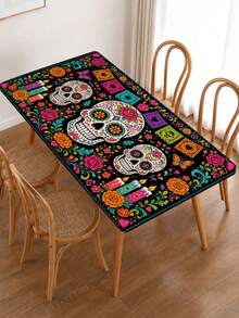 Gothic Halloween Tablecloth, Sugar Skull Rose Floral Pattern Tablecloth, Day Of The Dead Mexican Festival Decoration, Black Skull Design Dining Tablecloth, Rectangular Party Home Kitchen Desktop Decor - Multicolor - View 1