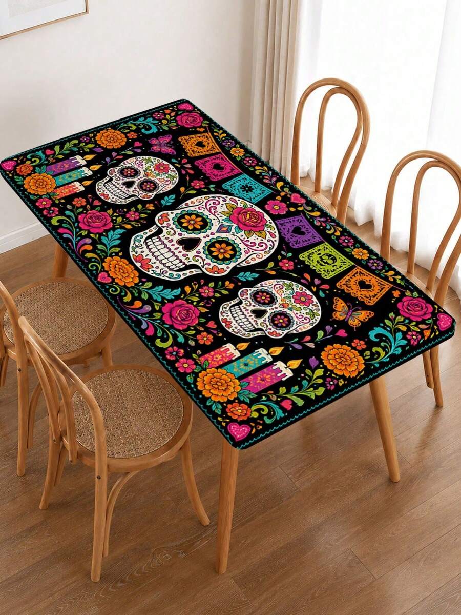 Gothic Halloween Tablecloth, Sugar Skull Rose Floral Pattern Tablecloth, Day Of The Dead Mexican Festival Decoration, Black Skull Design Dining Tablecloth, Rectangular Party Home Kitchen Desktop Decor - Multicolor - View 1