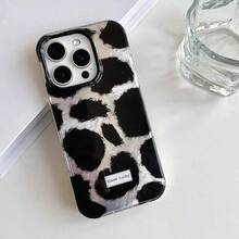 Korean Style Half-Cover Black & Silver Leopard Print Double Layer Pattern Phone Case, Compatible With Apple 18/17/16/15/14/13/12/11 Pro Max Couple Phone Protective Case, Creative Apple Phone Case, Birthday/Christmas/Halloween Gift, Gift For Boyfriend, Father, Family And Friends, Waterproof, Shockproof, Anti-Drop, Anti-Scratch - Black and White - View 4