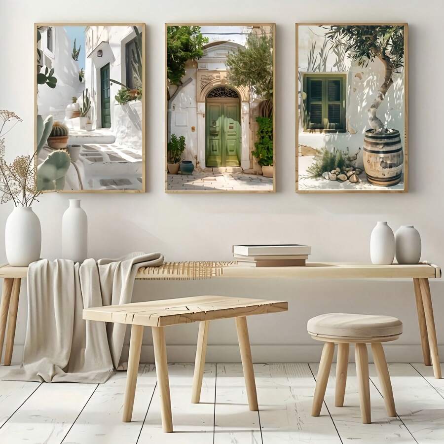3 Piezas Pintura en Lienzo de Arquitectura Mediterránea - Estilo de Pintura al Óleo Moderno Arte de Pared, Adecuado para Sala de Estar, Dormitorio, Cocina - Regalo de Decoración de Otoño, Se Puede Usar para Decoración de Sala de Estar, Dormitorio, Comedor, Marco Opcional, Póster Moderno, Arte de Pared, Pintura en Lienzo - A - Ver 1