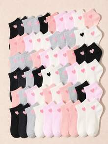 10/20 Pairs Random Heart Print Boat Socks For Girls, Multi-Color Mixed Low-Cut Invisible Short Socks, Breathable Comfortable Non-Stuffy, Thin Spring/Summer Low-Top Socks, Versatile For Daily Wear And Commuting - Multicolor - View 1