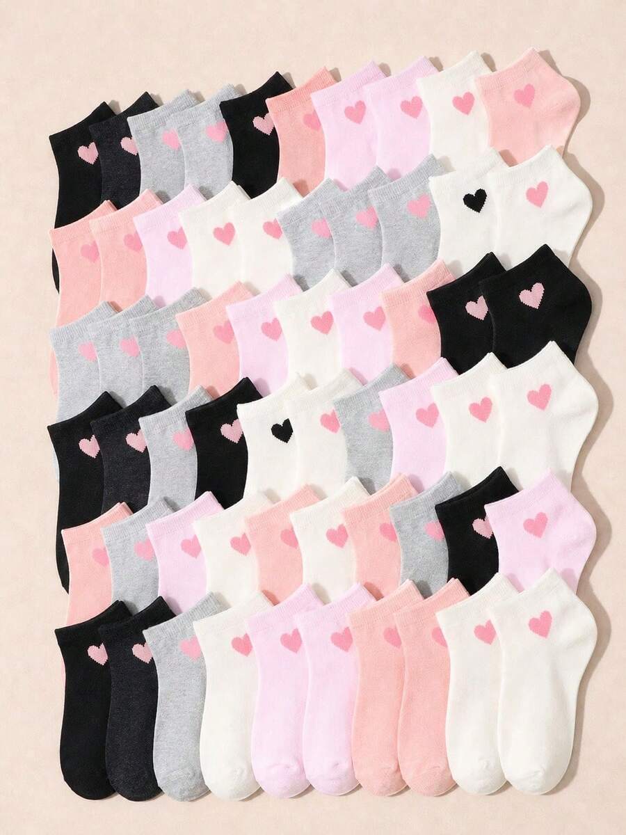 10/20 Pairs Random Heart Print Boat Socks For Girls, Multi-Color Mixed Low-Cut Invisible Short Socks, Breathable Comfortable Non-Stuffy, Thin Spring/Summer Low-Top Socks, Versatile For Daily Wear And Commuting - Multicolor - View 1
