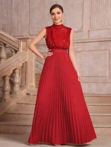 Elegant Sequin Patchwork Pleated Sleeveless Evening Dress - Red - View 2