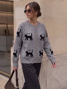JIANHU Cute Cat Pattern Knitted Cardigan, Autumn/Winter Essential | Soft & Comfortable, Button Detail Design | Perfect Holiday Gift - Grey - View 5