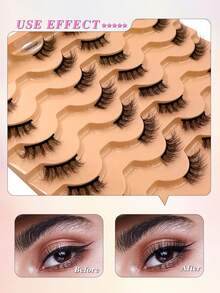 ENCHUW 16 Pairs Natural Half Eyelashes,Cat Eye Soft Stem Wispy Manga Lashes,Lightweight False Eyelashes - Black - View 4