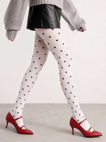 1 paire de collants blancs pour femmes avec imprimé chat noir, collants à motif chat mignon sur toute la surface pour tenues preppy, kawaii & décontractées - Blanc - Voir 3