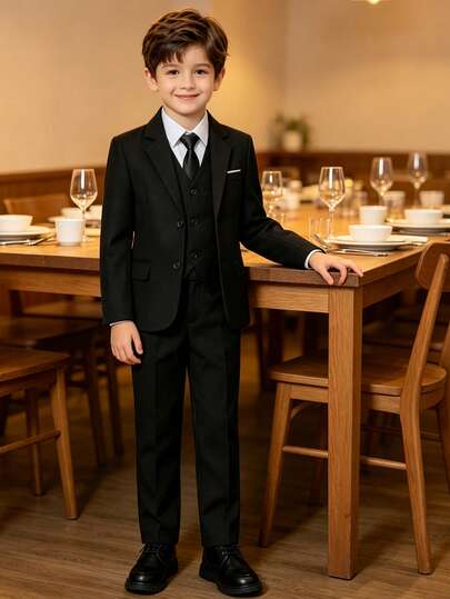Boys 5-Piece Formal Suit Set, Including Blazer, Vest, White Pocket Shirt, Dress Pants, Tie, Suitable For Weddings, Graduation Ceremonies, Parties And Other Formal Occasions, Black, 6-16 Years Old