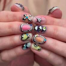 24 Pcs Short Square False Nails Featuring Y2K Punk-Style 3D Silver Metal Rhinestone Stars And Hearts. Perfect For Street Style, Parties, Punk-Themed Gatherings, And Everyday Wear. - Multicolor - View 8