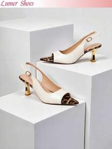 Spring Summer Color‑Block Slingback Sandals For Women, Leopard Tip Pointed Toe Heels For Party & Street Look - Beige - View 1