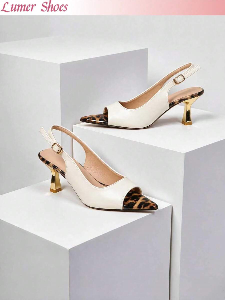 Spring Summer Color‑Block Slingback Sandals For Women, Leopard Tip Pointed Toe Heels For Party & Street Look - Beige - View 1