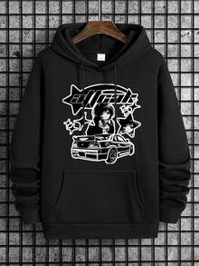 Men's New Anime Character Cartoon Print Casual Sweatshirt, Fashionable Drawstring Hoodie, Comfortabl - Black - View 7
