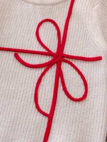 Girls' Minimalist Solid Color Bow Embroidered Knit Pullover Sweater, Suitable For Daily Casual Wear In Spring, Autumn And Winter - Apricot - View 6
