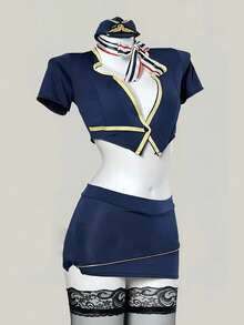 Captain & Flight Attendant Uniform Costume Set, Streamer Cosplay Outfit, JK Premium Short Sleeve Shirt 5-Piece Set - Blue - View 3
