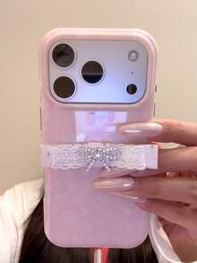 Korean Style Ins Pink Green Floral Lace Bow Phone Case Compatible With Apple 17 Pro Max 16 Pro New 15 Women 17 Pro Niche 15 Pro Full Coverage Shockproof Phone Cover - Pink - View 1