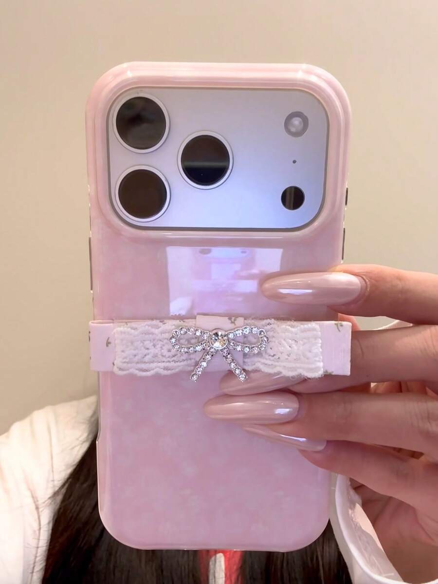 Korean Style Ins Pink Green Floral Lace Bow Phone Case Compatible With Apple 17 Pro Max 16 Pro New 15 Women 17 Pro Niche 15 Pro Full Coverage Shockproof Phone Cover - Pink - View 1