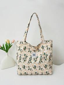 Fresh Colorful Floral Contrast Fabric Large Capacity One Shoulder Tote Bag - White - View 2
