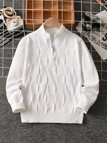 Boys White Semi-High Neck Half-Zip Long Sleeve Knit Sweater With 3D Checkerboard Texture Design, Casual Versatile POLO Collar Pullover, Suitable For School Daily Wear In Spring, Autumn And Winter - White - View 2