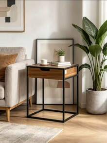 Minimalist Metal Bedside Table With Finish In Walnut Wood Grain And Drawers, 40*30*50cm. Economical Space With Large Storage Capacity, Suitable For Bedrooms And Living Rooms In Any Style. - Multi-color/1 Coffee Table/Color Random - View 2