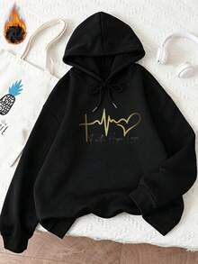 Warm Fleece-Lined Oversized Women's Sweatshirt, Casual Daily Wear, Long Sleeve Hoodie, Outerwear Top, Y2K, Men's, Cold Weather Clothing, Streetwear - Black - View 2