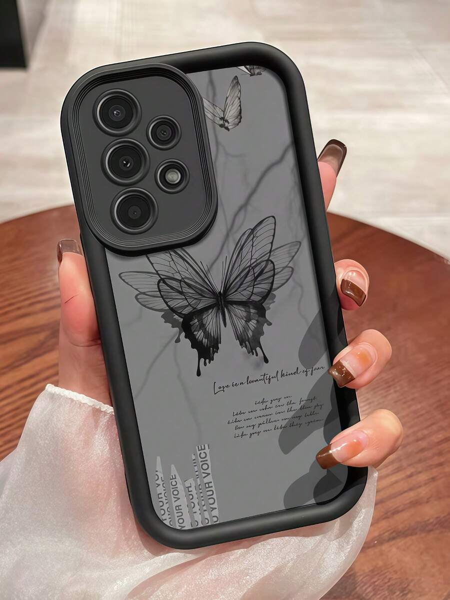 1pc Black Butterfly Print Pattern Phone Case, Black Edge Leather Frame Shockproof Soft TPU Protective Cover, Suitable For GALAXY, HONOR, Phones - Black - View 1